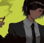  1girl black_hair black_jacket black_necktie blazer chainsaw_man cigarette closed_mouth collared_shirt eyepatch formal highres himeno_(chainsaw_man) holding holding_cigarette jacket looking_ahead looking_at_viewer necktie pkunooo shirt short_hair simple_background smoke solo suit white_shirt yellow_background 