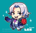  1boy black_eyes blue_background blue_coat character_name chibi chinese_text coat flower full_body holding holding_flower jacket kotorai lee_chaolan male_focus necktie open_mouth outline pants pink_necktie purple_hair red_flower red_rose rose shirt short_hair sparkle suit teeth tekken upper_teeth_only white_jacket white_outline white_pants white_shirt white_suit 