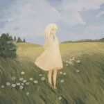  1girl album_cover arms_behind_back barefoot blue_eyes blue_sky chisato_charme clouds cloudy_sky collared_dress commentary cover day dress empire_waist field floating_hair flower green_ribbon highres long_hair long_sleeves looking_ahead neck_ribbon original outdoors puffy_long_sleeves puffy_sleeves ribbon sky solo standing symbol-only_commentary white_dress white_flower white_hair wide_shot wind 
