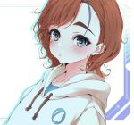  1boy androgynous blue_eyes blush character_request expressionless freckles hood hoodie lavie_(cestbonlavie) looking_at_viewer male_focus orange_hair otoko_no_ko parted_bangs short_hair solo thick_eyebrows upper_body virtual_youtuber 