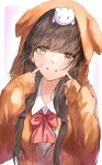  1girl animal_ear_hood animal_on_head asakura_karen_(heaven_burns_red) blush bow brown_hair cat cat_on_head closed_mouth collared_shirt commentary_request eyelashes finger_to_cheek fuuka_koji hair_between_eyes hands_up head_tilt heaven_burns_red hood hood_up hooded_jacket index_fingers_raised jacket light_smile long_hair looking_at_viewer low_twintails on_head open_clothes open_jacket orange_jacket red_bow school_uniform shirt simple_background sleeves_past_wrists split_mouth twintails upper_body white_background white_cat white_shirt yellow_eyes 