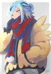  1boy 217_shion_407 aqua_eyes asymmetrical_bangs blue_hair blush border cowboy_shot dated eyelashes grey_background grusha_(pokemon) hair_bun hand_in_pocket hand_up highres long_sleeves looking_down male_focus mittens open_mouth pants poke_ball_print pokemon pokemon_sv scarf signature snowing solo striped striped_scarf white_border 