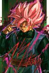  1boy absurdres artist_name aura belt black_jumpsuit black_shirt brown_eyes cowboy_shot dragon_ball earrings goku_black grin hand_up highres jewelry jumpsuit kornart long_sleeves looking_at_viewer male_focus nose pink_hair potara_earrings red_belt ring shirt smile solo super_saiyan super_saiyan_rose v v-shaped_eyebrows 