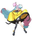  1girl absurdres bow-shaped_hair character_hair_ornament full_body grey_pantyhose hair_ornament hexagon_print highres iono_(pokemon) jacket long_hair looking_at_viewer low-tied_long_hair multicolored_hair oversized_clothes pantyhose pokemon pokemon_sv sharp_teeth simple_background single_leg_pantyhose sleeves_past_fingers sleeves_past_wrists smile solo split-color_hair surr_ealist teeth twintails two-tone_hair very_long_sleeves white_background x yellow_jacket 