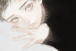 1boy black_sweater closed_mouth eyelashes grey_background grey_eyes hand_up highres long_sleeves looking_at_viewer lying male_focus mame_(mmgamegg) on_side original portrait short_hair simple_background solo sweater turtleneck turtleneck_sweater 
