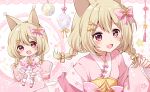  1girl absurdres animal_ear_fluff animal_ears blonde_hair blush bow braid chibi commission fox_ears fox_girl frilled_kimono frills full_body hair_bow hair_ornament hairclip highres japanese_clothes kimono kokoshira_0510 long_hair long_sleeves mismatched_pupils multiple_boys obi open_mouth original pinching_sleeves pink_eyes sash short_kimono skeb_commission sleeves_past_fingers sleeves_past_wrists smile star-shaped_pupils star_(symbol) star_hair_ornament symbol-shaped_pupils thigh-highs twin_braids upper_body wide_sleeves yukata 