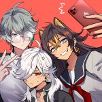  1girl 2boys alhaitham_(genshin_impact) anger_vein bespectacled black_hair black_jacket blue_eyes cellphone closed_mouth coke-bottle_glasses crossed_bangs cyno_(genshin_impact) dark-skinned_female dark-skinned_male dark_skin dehya_(genshin_impact) earrings genshin_impact glasses grey_hair grin hair_ears hair_over_one_eye jacket jewelry long_hair multiple_boys neckerchief orange_hair phone red_background red_eyes red_neckerchief rome_romedo sailor_collar school_uniform selfie serafuku smartphone smile sweat v white_hair 