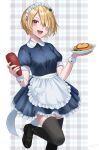  1girl absurdres alternate_costume apron back_bow blonde_hair blush bow collared_dress dated dress enmaided food frilled_apron frilled_dress frills hair_over_one_eye heaven_burns_red highres holding holding_tray kayamori_ruka ketchup_bottle looking_at_viewer maid maid_headdress mary_janes nil_(pixiv_53614557) omelet omurice open_mouth orange_eyes plaid plaid_background shoes short_hair short_sleeves smile solo standing standing_on_one_leg thigh-highs tray wrist_cuffs 