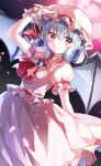  1girl arm_up ascot bat_wings blue_hair blush brooch collared_dress dress fang fang_out hat highres jewelry looking_at_viewer mani_(second-dimension) mob_cap pointy_ears puffy_short_sleeves puffy_sleeves red_eyes remilia_scarlet short_hair short_sleeves smile solo touhou wings wrist_cuffs 