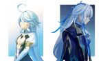  1boy 1girl 39_iduki absurdres ahoge black_coat blue_eyes blue_hair closed_eyes coat dress focalors_(genshin_impact) genshin_impact hair_between_eyes highres juliet_sleeves long_hair long_sleeves multicolored_hair neuvillette_(genshin_impact) parted_lips puffy_sleeves rain simple_background spoilers very_long_hair wet white_hair 