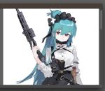  1girl art_program_in_frame assault_rifle astg black_bow black_mask blue_hair bow ear_piercing girls_frontline gun hair_bow holding holding_gun holding_weapon long_hair looking_at_viewer mask mask_pull mole mole_under_eye mouth_mask piercing ponytail red_eyes rifle scr_(girls&#039;_frontline) shirt simple_background solo weapon white_background white_shirt 
