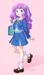  1girl :o aged_up alternate_universe bag blue_eyes blue_skirt ellee-chan eyelashes hair_ornament highres hirogaru_sky!_precure kazuma_muramasa long_hair looking_at_viewer precure purple_hair ribbon school_bag school_uniform shoes skirt socks solo standing 