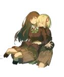  2girls ^_^ absurdres black_hair black_jacket black_socks blonde_hair blush bob_cut bow bowtie chinese_commentary closed_eyes collared_shirt commentary_request cropped_legs dkl_(dinosaurkl2) floating_hair green_bow green_bowtie grey_skirt hair_ribbon highres hug hug_from_behind inoue_takina jacket kneehighs long_hair looking_at_viewer lycoris_recoil multiple_girls nishikigi_chisato open_mouth pleated_skirt red_ribbon ribbon school_uniform shirt short_hair sidelocks simple_background skirt smile socks white_background white_shirt yuri 