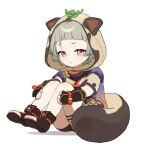  1girl :&lt; aahaha_(ydasige11) black_gloves blunt_bangs blush closed_mouth fingerless_gloves fishnets genshin_impact gloves grey_hair hood hood_up hugging_own_legs japanese_clothes leaf leaf_on_head pink_eyes sayu_(genshin_impact) short_hair short_sleeves shorts simple_background sitting solo tail toeless_footwear white_background 