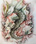  amatsumagatsuchi claws clouds dragon eastern_dragon fins flying full_body highres horns looking_to_the_side minori_0518 monster monster_hunter_(series) no_humans painting_(medium) scales tail traditional_media watercolor_(medium) whiskers 