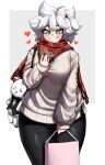  1girl absurdres black_pants blush breasts closed_mouth cookie crumbs eating food green_eyes heart highres holding holding_cookie holding_food large_breasts long_sleeves looking_at_viewer original pants rageman709 red_scarf ribbed_sweater scarf shiny_clothes short_hair smile solo sweater white_hair white_sweater 