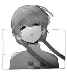  1girl artist_name braid closed_mouth commentary_request cropped_torso empty_eyes expressionless floating_hair goldenriver8 greyscale half-closed_eyes light_frown long_hair looking_at_viewer low_twin_braids madotsuki monochrome print_sweater solo sweater tareme turtleneck turtleneck_sweater twin_braids unusually_open_eyes yume_nikki 