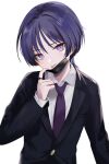  1boy absurdres black_jacket black_mask black_suit genshin_impact hair_between_eyes highres jacket long_sleeves looking_at_viewer male_focus mask mouth_mask necktie purple_hair purple_necktie rrr_gns_(riuriu_1212) scaramouche_(genshin_impact) shirt short_hair smile solo suit tongue tongue_out violet_eyes white_background white_shirt 