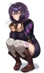  &gt;:) 1girl black_gloves boots brown_footwear coat fire_emblem fire_emblem_awakening full_body gloves head_on_hand highres looking_at_viewer morgan_(female)_(fire_emblem) morgan_(fire_emblem) puff_of_air purple_coat purple_hair short_hair smile solo squatting thigh-highs thighs v-shaped_eyebrows violet_eyes white_background zet_(twt_zet) 