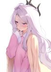  1girl absurdres ajoe_(hakuha_k) black_horns blue_archive blush closed_mouth demon_horns highres hina_(blue_archive) horns jacket jacket_on_shoulders long_hair long_sleeves multiple_horns pajamas parted_bangs pink_pajamas simple_background solo upper_body very_long_hair violet_eyes white_background white_hair yellow_jacket 