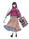  1girl black_hair brown_skirt closed_umbrella coke-bottle_glasses dairoku_ryouhei full_body glasses hair_ornament hoi_(tw) holding holding_suitcase holding_umbrella long_hair long_skirt red_socks red_sweater skirt socks solo standing suitcase sweater therese_cole umbrella very_long_hair 