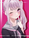  1other akiyama_mizuki androgynous blush character_name hand_up highres long_hair looking_at_viewer nail_polish neckerchief one_eye_closed pink_background pink_eyes pink_hair project_sekai school_uniform serafuku side_ponytail smile solo upper_body v wanko_(yurika0320) 