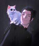  1boy 1other absurdres black_eyes black_hair black_jacket cat closed_mouth commission ear_piercing getou_suguru gojou_cat hair_bun hair_pulled_back high_collar highres jacket jujutsu_kaisen jujutsu_tech_uniform limart long_sleeves looking_at_another piercing plug_(piercing) round_eyewear school_uniform short_hair single_hair_bun single_sidelock smile sunglasses upper_body white_cat 