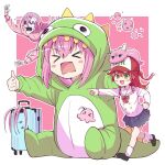  &gt;_&lt; 2girls :d black_skirt blue_eyes blush_stickers bocchi_the_rock! border bow cosplay cube_hair_ornament dinosaur_costume full_body gotoh_hitori gotoh_hitori_(ash) gotoh_hitori_(octopus) gotoh_hitori_(tsuchinoko) green_eyes hair_between_eyes hair_ornament hat hellfire00001 highres jitome kigurumi kita_ikuyo long_hair looking_afar miniskirt multiple_girls multiple_persona one_side_up open_mouth outstretched_arm parody peaked_cap pink_background pink_hair pleated_skirt pointing pointing_forward pokemon red_bow redhead rolling_suitcase sailor_collar school_uniform serafuku sidelocks simple_background sitting skeleton skirt smile suitcase thumbs_up v-shaped_eyebrows white_border white_sailor_collar wide_shot 