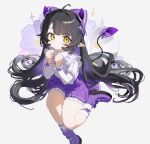  1girl ahoge black_hair blush boots bow closed_mouth demon_horns demon_tail flower frills full_body hair_bow hands_up highres horns long_hair long_sleeves looking_at_viewer mosou_keito original pleated_skirt pointy_ears purple_bow purple_footwear purple_skirt shirt sitting skirt socks solo tail tail_ornament very_long_hair white_background white_shirt white_socks yellow_eyes 