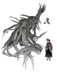  absurdres ascot black_footwear black_skirt bloodborne colored_skin dress frills full_body grey_hair grey_skin highres hunter_(great_one)_(bloodborne) monster open_clothes plain_doll red_ascot red_headwear shiny_skin short_hair simple_background skirt slug_x_x white_background 