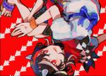  1girl artist_request black_hair dress kijin_seija looking_at_viewer multicolored_hair red_background red_eyes ribbon short_hair small_horns solo tongue tongue_out touhou two-tone_hair upside-down 