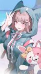  1girl b1cn b1cn1 backpack bag beach black_shirt blunt_bangs bow breasts brown_hair brown_skirt danganronpa_(series) danganronpa_2:_goodbye_despair dress_shirt ear_bow galaga green_jacket hair_ornament hand_up highres hood hood_up jacket large_breasts long_sleeves looking_at_viewer medium_hair monomi_(danganronpa) nanami_chiaki neck_ribbon orange_bow outdoors pink_bag pink_ribbon pleated_skirt revision ribbon shirt skirt white_shirt 