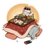  2boys blue_hair brown_jacket candy cape chibi child&#039;s_drawing controller crayon cup cushion cyclops food frown fruit highres holding holding_remote_control jacket jj_dyu jogo_(jujutsu_kaisen) jujutsu_kaisen kotatsu long_hair long_sleeves mahito_(jujutsu_kaisen) male_focus mandarin_orange multiple_boys nintendo_switch one-eyed paper red_eyes remote_control table v-shaped_eyebrows white_background yellow_background yellow_cape zzz 