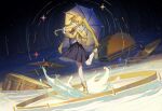  1girl absurdres blonde_hair bocchi_the_rock! closed_eyes closed_mouth drum drum_set highres holding holding_umbrella ijichi_nijika instrument jacket leg_up long_hair mo_ying_yu night night_sky pleated_skirt shirt side_ponytail skirt sky solo star_(sky) umbrella white_shirt yellow_jacket 