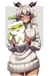  1girl absurdres animal_ears blush borrowed_character braid dark-skinned_female dark_skin highres horns long_hair looking_at_viewer mabel_(suizilla) one_eye_closed original parted_lips rageman709 solo sweater teeth thigh-highs violet_eyes white_sweater white_thighhighs 
