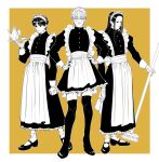  3boys absurdres alternate_costume apron arm_at_side broom chrollo_lucilfer cross_print crossdressing cup dress earrings enmaided expressionless facial_mark forehead_mark frilled_apron frilled_dress frills full_body fuse_(2sau3) gloves greyscale_with_colored_background hands_on_own_hips highres hisoka_morow holding holding_broom holding_tray hunter_x_hunter illumi_zoldyck jewelry juliet_sleeves long_dress long_hair long_sleeves looking_at_viewer maid maid_apron maid_headdress male_focus male_maid mary_janes monochrome multiple_boys outside_border parted_bangs puffy_sleeves shoes short_dress short_hair smirk socks star_(symbol) straight_hair teacup teapot teardrop_facial_mark thigh-highs tray waist_apron yellow_background yellow_theme zettai_ryouiki 