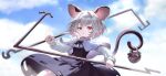  1girl :&lt; animal_ears basket black_dress capelet closed_mouth clouds dowsing_rod dress fingernails grey_capelet grey_hair holding holding_with_tail jewelry long_sleeves looking_at_viewer mouse mouse_ears mouse_girl mouse_tail nazrin non-web_source official_art pendant prehensile_tail red_eyes second-party_source shirt short_hair sky sleeve_cuffs solo tail touhou touhou_gensou_eclipse u_u_zan white_shirt 