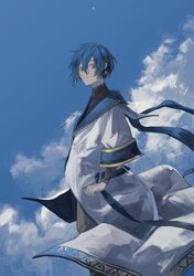  1boy absurdres black_shirt blue_hair blue_sky brown_pants closed_mouth clouds dark_blue_hair earrings from_side hair_between_eyes highres ill_0619 jewelry kaito_(vocaloid) long_coat looking_at_viewer male_focus necklace pants shirt short_hair sky smile solo standing star_(sky) upper_body vocaloid 