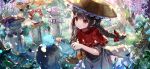  1girl :3 ajirogasa basket bird black_hair blue_bow blush bow braid bush capelet closed_mouth cosplay dress fish flower forest frilled_dress frills grass grey_dress hair_bow hakurei_reimu hakurei_reimu_(cosplay) hat hat_bow holding holding_basket jizou kirisame_marisa kirisame_marisa_(cosplay) leaf long_hair looking_at_animal mob_cap mushroom nature ninjinshiru non-web_source official_art outdoors patchouli_knowledge patchouli_knowledge_(cosplay) pink_flower pink_headwear pink_scarf purple_bow rabbit red_bow red_capelet red_eyes red_ribbon ribbon scarf second-party_source spirit touhou touhou_gensou_eclipse tree twin_braids white_scarf yatadera_narumi yellow_bow 