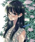  1girl black_hair blue_eyes dress flower frilled_dress frills glasses himawari-san himawari-san_(character) leaf light_smile looking_to_the_side signature solo sugano_manami upper_body 