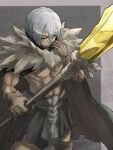  1boy black_cape brown_gloves cape character_request closed_eyes closed_mouth dr._stone gloves highres holding itsudzumi muscular muscular_male short_hair shorts solo v-shaped_eyebrows white_hair 