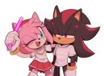  1boy 1girl alternate_costume amy_rose arm_up furry furry_female furry_male gloves green_eyes holding_glowstick jewelry looking_at_another necklace one_eye_closed open_mouth pleated_skirt red_eyes red_skirt shadow_the_hedgehog shirt simple_background skirt sonic_(series) toonsite white_background white_gloves white_shirt 