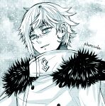  1boy coat earrings fate/grand_order fate_(series) fur-trimmed_coat fur_trim greyscale hair_between_eyes high_collar highres hometaba jewelry kadoc_zemlupus light_blush light_smile male_focus messy_hair monochrome parted_lips portrait short_hair simple_background solo upper_body 