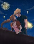  1boy 1girl aerial_fireworks aerith_gainsborough armor black_gloves blonde_hair blush braid braided_ponytail brown_hair cloud_strife couple dating dress final_fantasy final_fantasy_vii final_fantasy_vii_remake fireworks gloves hair_ribbon highres imminent_kiss jacket jewelry leather_belt looking_at_another necklace night night_sky pauldrons pink_dress pink_ribbon red_jacket ribbon shoulder_armor single_pauldron sky spiky_hair star_(sky) starry_sky turtleneck vanekairi 
