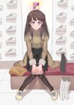  1girl bag black_skirt brown_coat brown_hair brown_pantyhose cellphone coat fujishima_megumi full_body fur-trimmed_coat fur-trimmed_sleeves fur_trim high-waist_skirt highres knees_together_feet_apart link!_like!_love_live! love_live! on_bench open_clothes open_coat pantyhose phone plaid plaid_skirt shoes shop shopping_bag sidelocks sitting sitting_on_bench skirt smartphone solo ssyunn sweater turtleneck turtleneck_sweater two_side_up violet_eyes yellow_sweater 