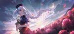  1girl blue_dress blue_headwear braid clouds constellation_print dress dutch_angle falling_petals field floating_hair flower flower_field holding holding_flower kyusoukyu long_hair looking_to_the_side moon non-web_source nurse official_art outdoors parted_bangs parted_lips petals pink_flower puffy_short_sleeves puffy_sleeves red_dress second-party_source short_sleeves single_braid sky solo sunrise touhou touhou_gensou_eclipse two-tone_dress very_long_hair white_flower white_hair yagokoro_eirin yellow_eyes 