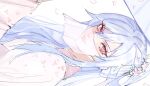  1girl blue_hair commentary honkai:_star_rail honkai_(series) jingliu_(honkai:_star_rail) julia_(julinhei) long_hair looking_at_viewer mouth_veil official_alternate_costume pink_eyes robe solo upper_body veil very_long_hair white_robe 
