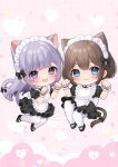  2girls :3 :d animal_ears apron black_bow black_dress black_footwear blush bow brown_hair cat_ears cat_girl cat_tail chibi chitetan closed_mouth commentary_request dress eyebrows_hidden_by_hair frilled_apron frills hair_bow hands_up heart maid maid_apron maid_headdress multiple_girls original pantyhose paw_pose puffy_short_sleeves puffy_sleeves purple_hair shoes short_sleeves smile tail tail_bow tail_ornament violet_eyes white_apron white_pantyhose wrist_cuffs 