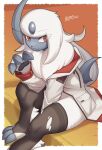  1girl absol absurdres animal_hands animal_nose artist_name border commentary_request furry furry_female gradient_background highres jacket looking_at_viewer medium_hair pokemon pokemon_(creature) red_eyes sitting white_border white_fur zinfyu 
