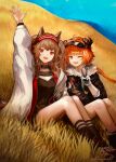  2girls :d angelina_(arknights) animal_ears arknights arm_up black_footwear black_gloves black_jacket black_shirt black_socks blue_sky brown_hair cow_girl cow_horns cowlick croissant_(arknights) dot_nose earpiece fang flak fox_ears fox_girl fur-trimmed_jacket fur_trim gloves grass green_eyes hair_intakes hairband highres horns infection_monitor_(arknights) jacket layered_clothes long_hair long_sleeves medium_hair multiple_girls on_grass one_eye_closed open_clothes open_jacket orange_hair ponytail red_eyes red_footwear red_hairband red_jacket runamonet shirt shoes sidelocks sitting sky smile socks striped striped_hairband teeth twintails twitter_username two-tone_hairband unzipped upper_teeth_only v waving white_gloves white_jacket 